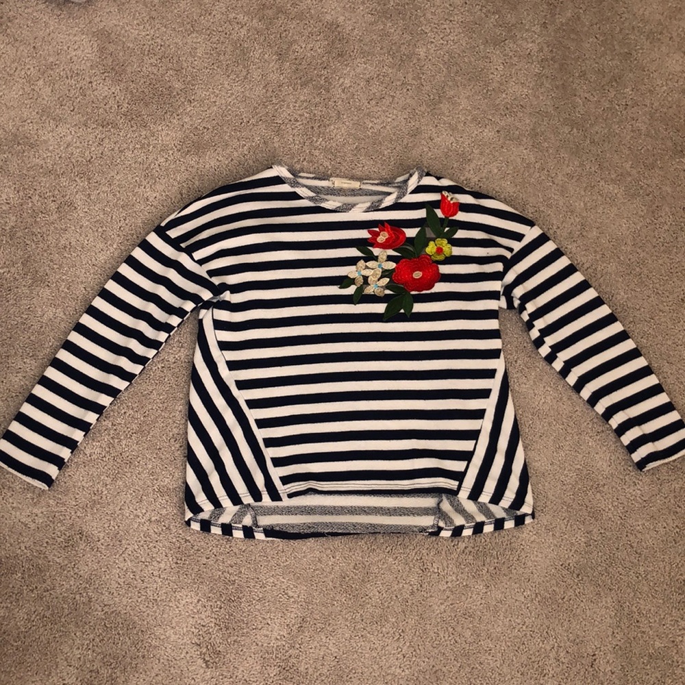 Navy blue and white striped long sleeve.